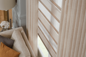 Beige color drapes paired with sheer horizontal shades san antonio tx